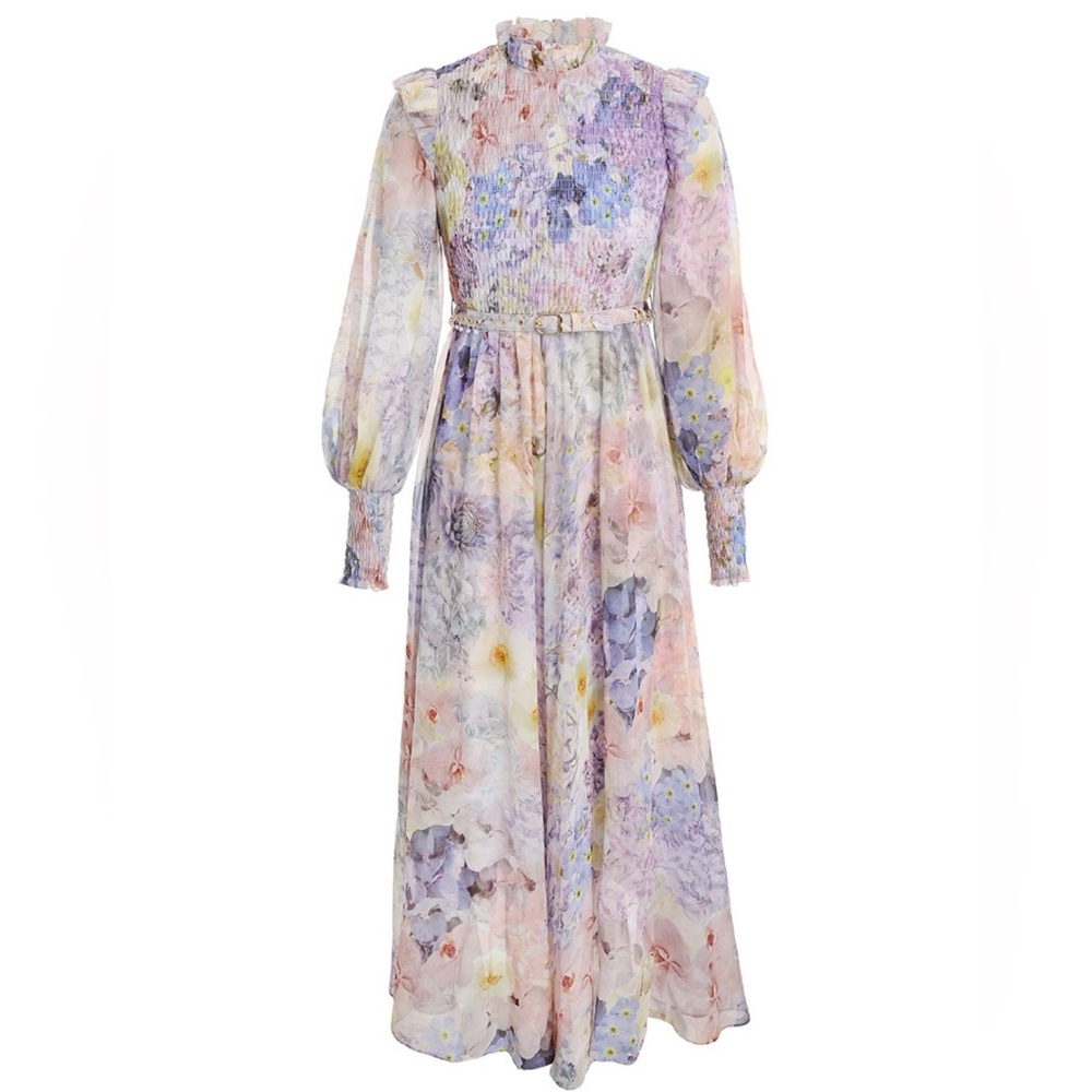 ZIMMERMANN Rhythmic
Embellished Belted Shirred Floral-print In Citrus Garden